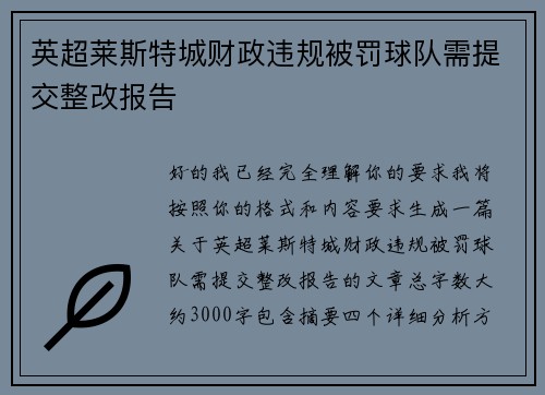 英超莱斯特城财政违规被罚球队需提交整改报告